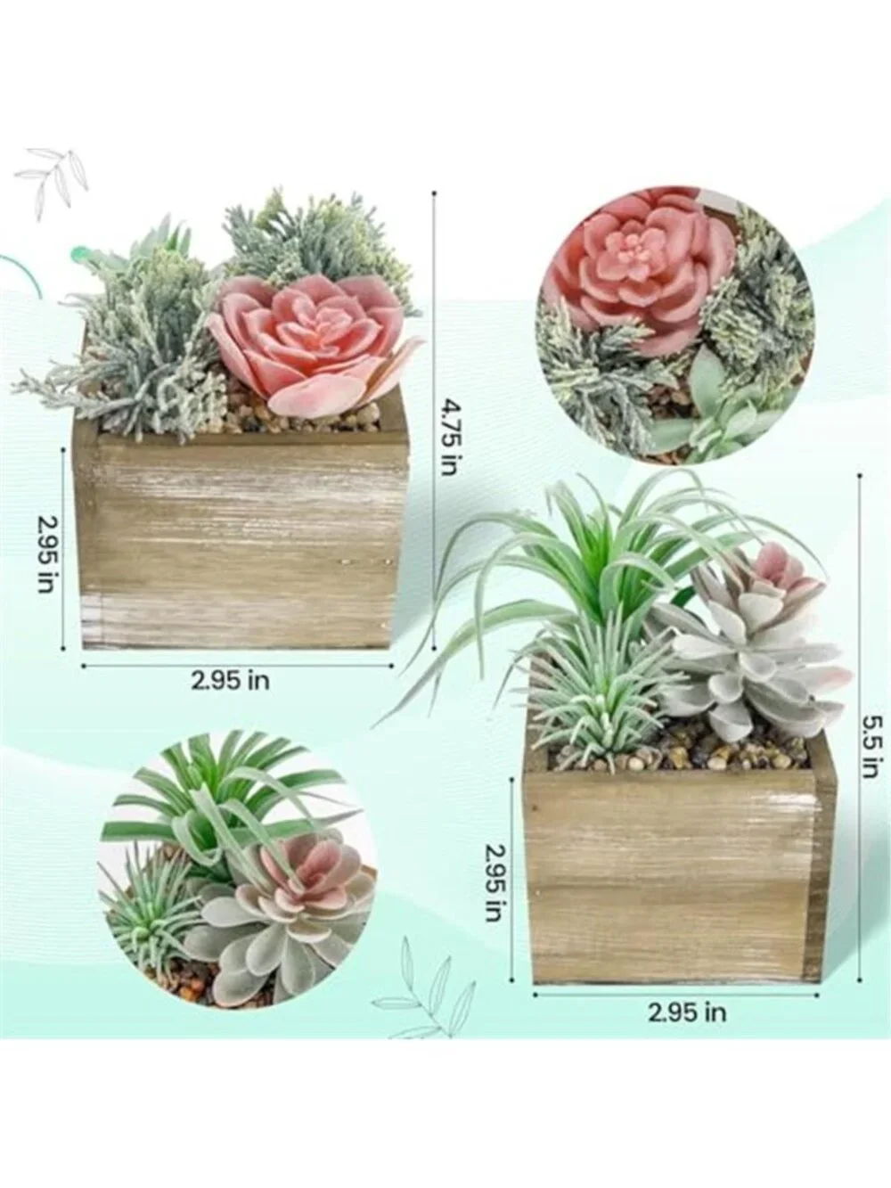 Artificial Cactus Succulent Plants Wood Planter Faux Desk Home Decor Set of 2